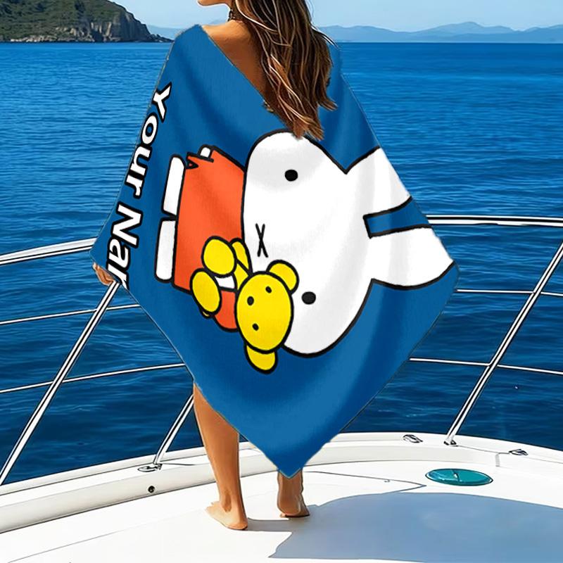 1pc Miffy3 Beach Towel with Custom Name, Beach/Swimming/Bath/Picnic/Camping Towel, Suitable for Seaside Beaches