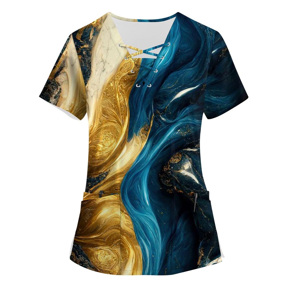 Women's Printed Short Sleeve V Neck Top Work Uniform Pocket Shirt Caregiver Top