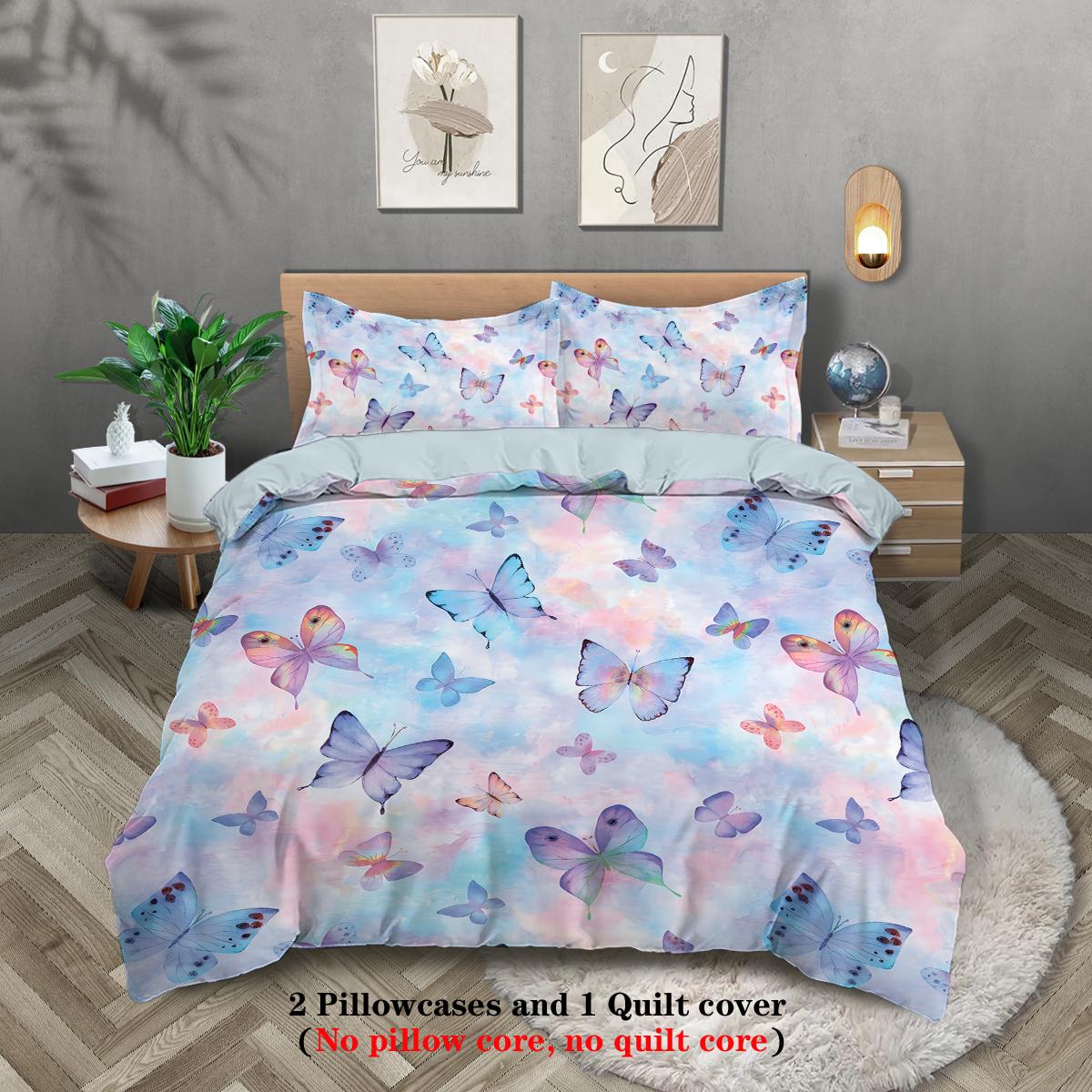 

3pcs watercolor purple butterfly printed bedding set, soft and comfortable, for women bedroom, queen, king and twin bed 135x200cm-EU-Single