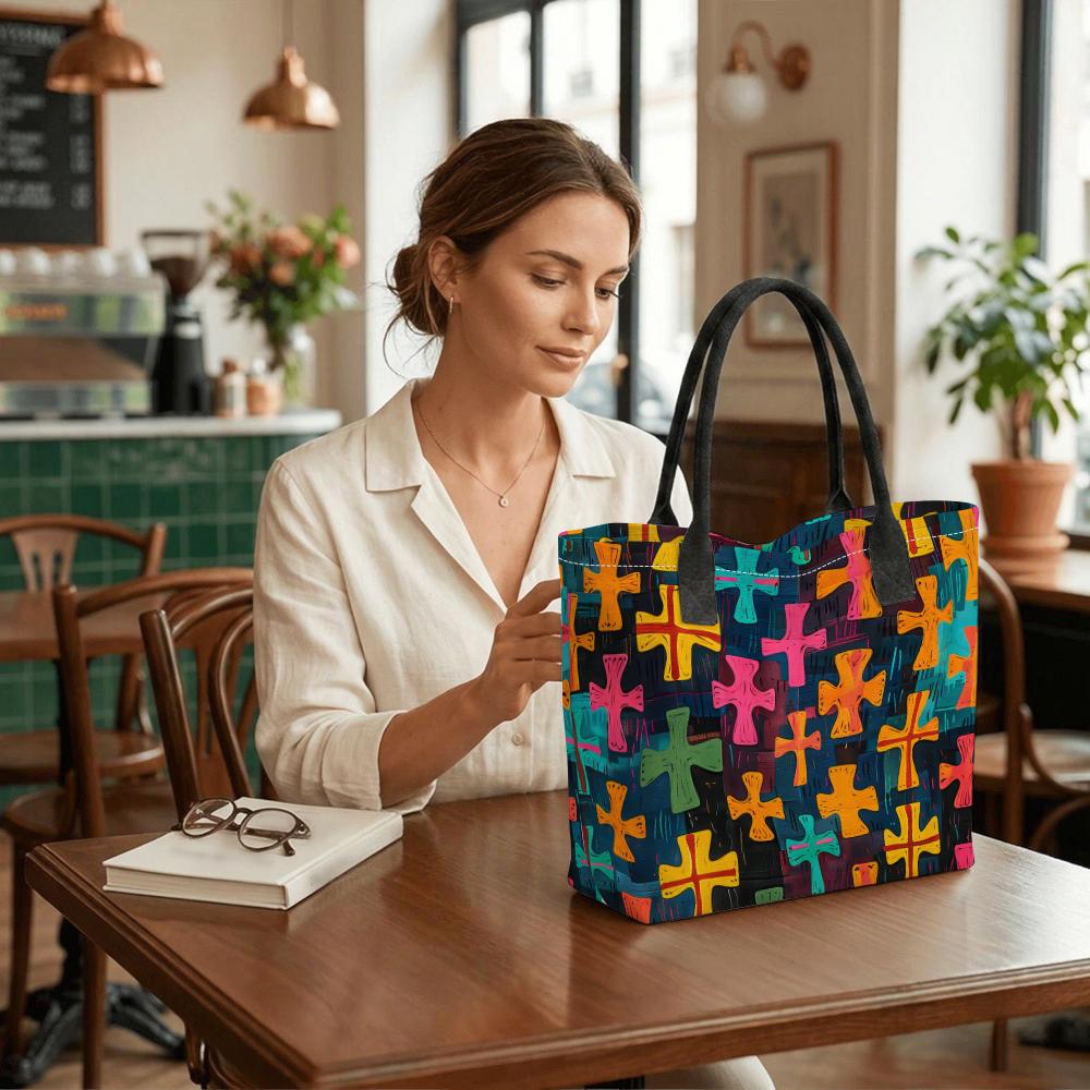  Colorful Cross Print Tote Bag Large Capacity Casual Shoulder Bag for Daily Use