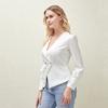 Women Fashion Solid Color Long-sleeved Sexy V-neck Shirt Lady's Casual Thin Shirt