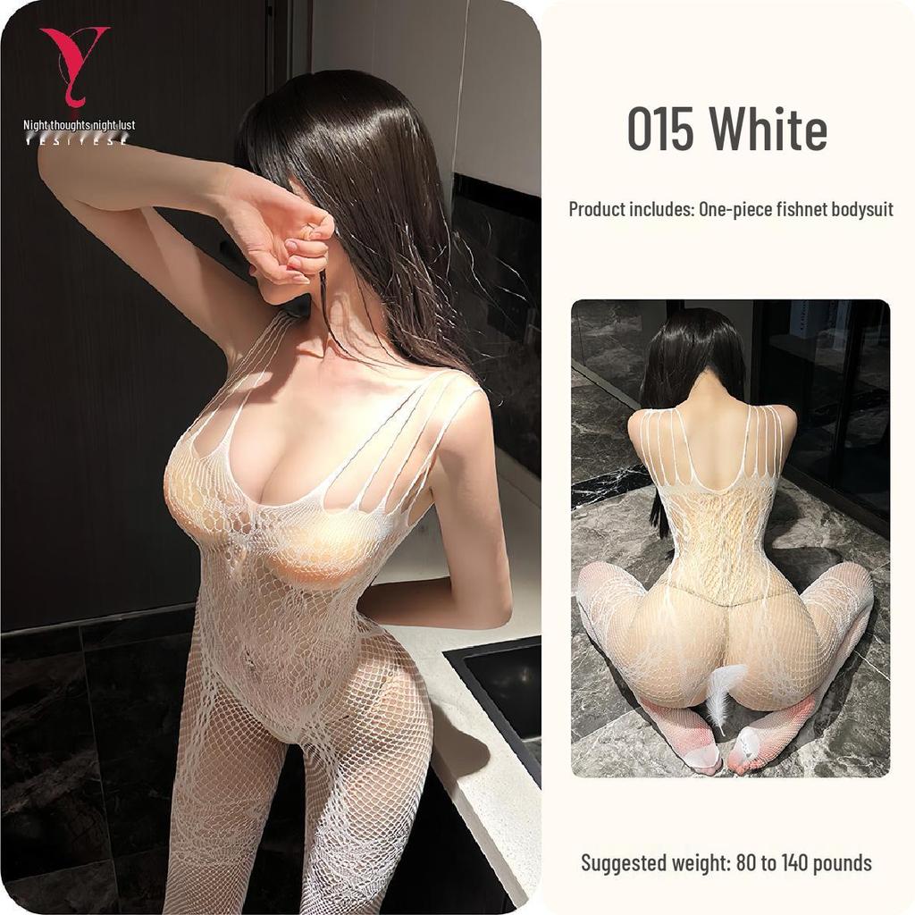 Plus Size Tearable Crotch Fishnet Bodysuit & Stockings - Sexy Hollow-Out Lingerie 015