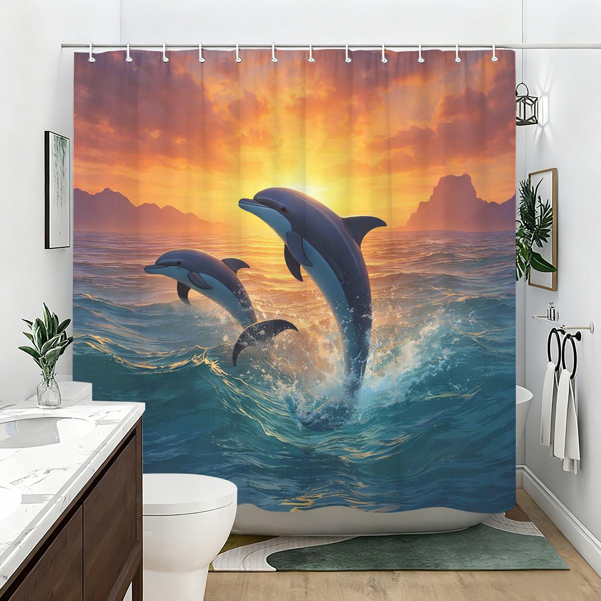 

Vibrant Dolphin & Ocean Scene Polyester Shower Curtain - Decorative Bath Curtain For Bathroom, Stylish Bathtub Partition Linen W60H190(CM)-1 Pcs