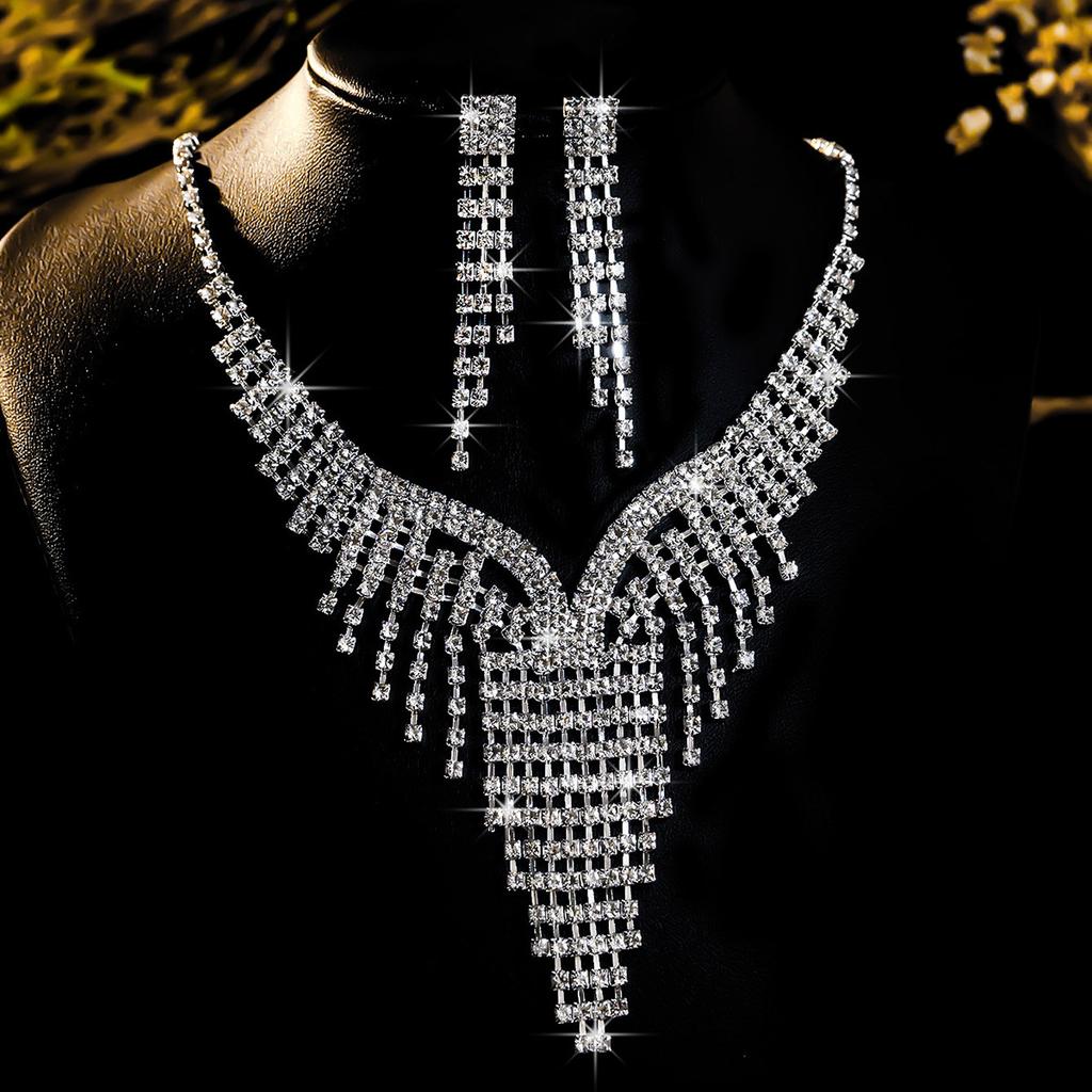 Conjunto de Colar e Brincos de Diamante de Luxo Acessórios para Festa Vestido de Casamento Jantar Corrente de Colar e Brincos de Strass da Moda para Meninas