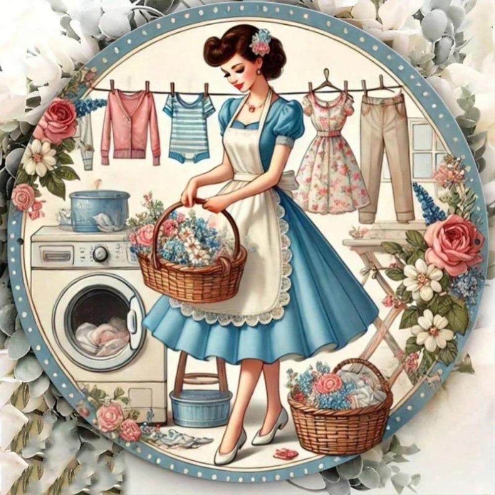 Vintage Metal Girl Washing Wall Art Round Sign Home Decor Gift 8x8 Inches
