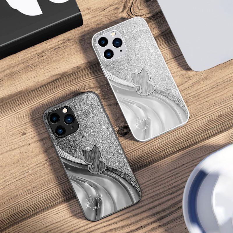 Sparkling Diamond Cat For IPhone 16 Pro Max 15 Pro 14 13 12 Mini 11 XS Max XR 7 8 Plu SE 2022 Tempered Glass Phone Case
