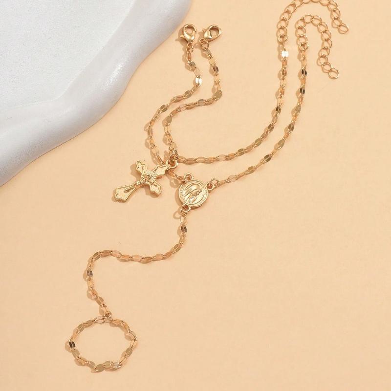 1 PCS Versatile Fashion Gold Religious Cross Pendant Bracelet with Classic Adjustable Finger Ring Chain Jewelry, Suitable for Daily Wear