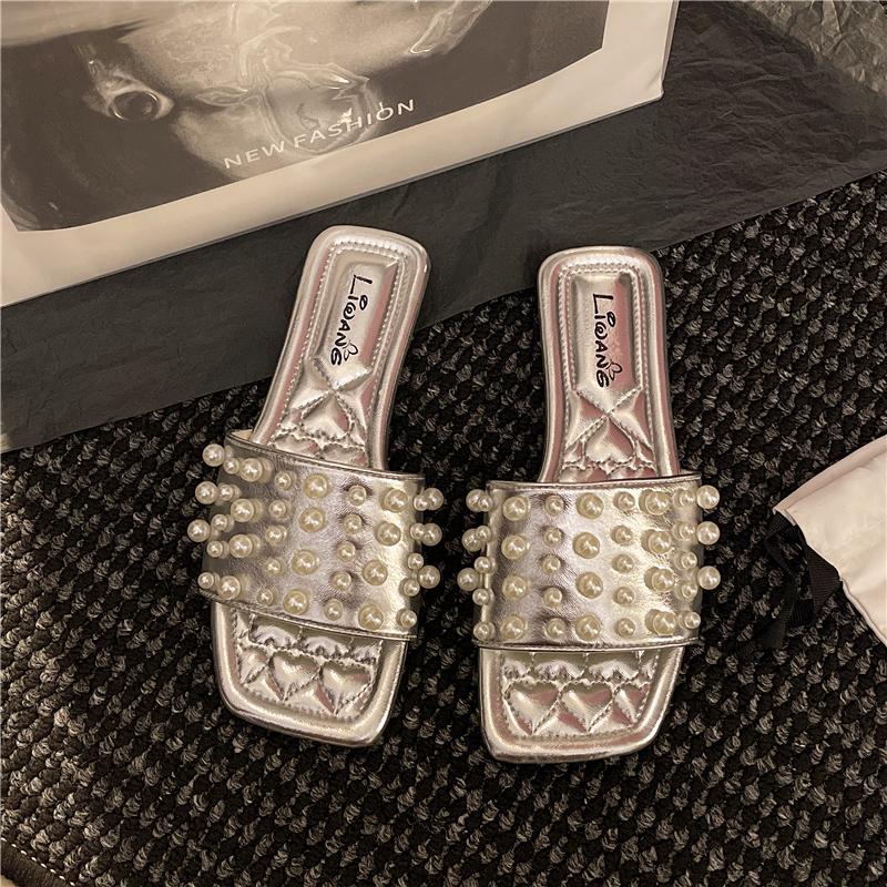 Low Heel Sandals Summer New Square Head Open Toe Pearl Soft Sole Anti-slip Wear-resistant Square Heel Shoes