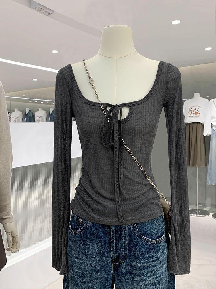 

Elegant Lace-Up Clavicle Slim Long-Sleeve U-Neck Top for Women L 105-115 cm