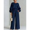 Women's new solid color round neck long-sleeved floral wide-leg pants loose casual suit two-piece set