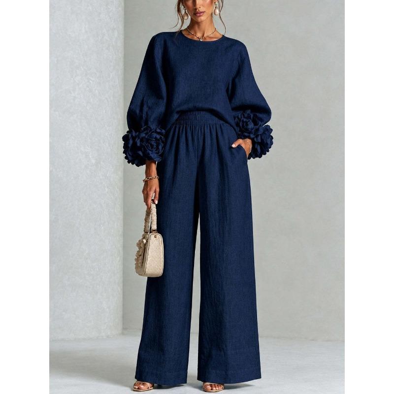 Women's new solid color round neck long-sleeved floral wide-leg pants loose casual suit two-piece set