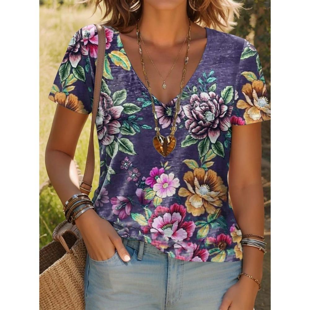 

Summer New Women s T-Shirt 3D Vintage Floral Print V Neck Short Sleeve Shirt Fashion Ladies T-Shirt Clothing Y2k Women s T-Shirt 8XL