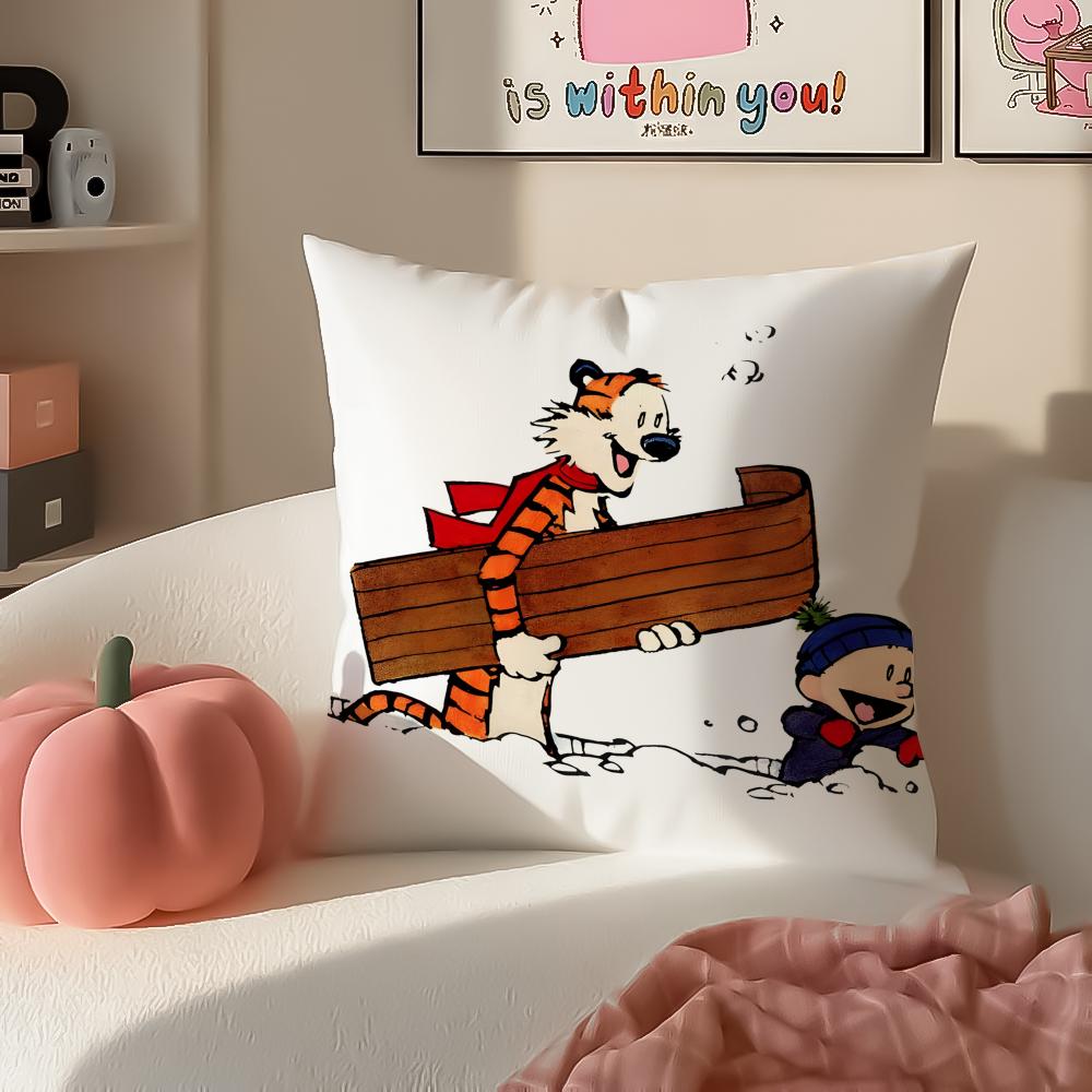 Cartoon CCalvin and HHobbesES Cushion Cover Pillowcase Short Plush Invisible Zipper Room Sofa Cushion Cover