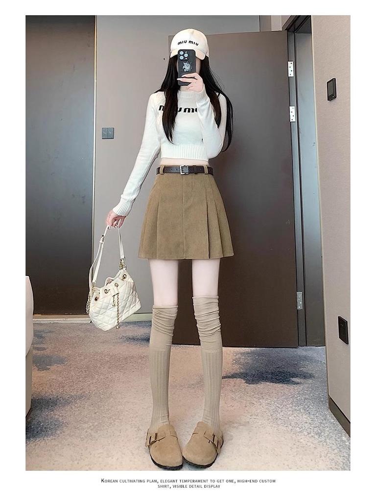 Korean Style A-Line High Waist Pleated Corduroy Skirt - Short, Anti-Exposure, 2024 Autumn/Winter Collection (No Belt)