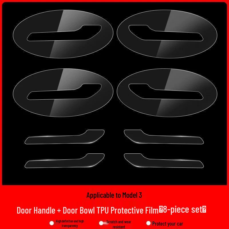 Tesla Model Y/Refreshed Model 3 Door Bowl Protector Film - Transparent Anti-Scratch TPU Handle Surround.