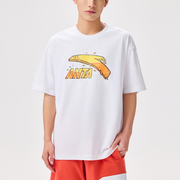 Anta Cartoon Letter Logo Print Round Neck Short Sleeve T-Shirt Unisex Tops Snow-White 972328114-1