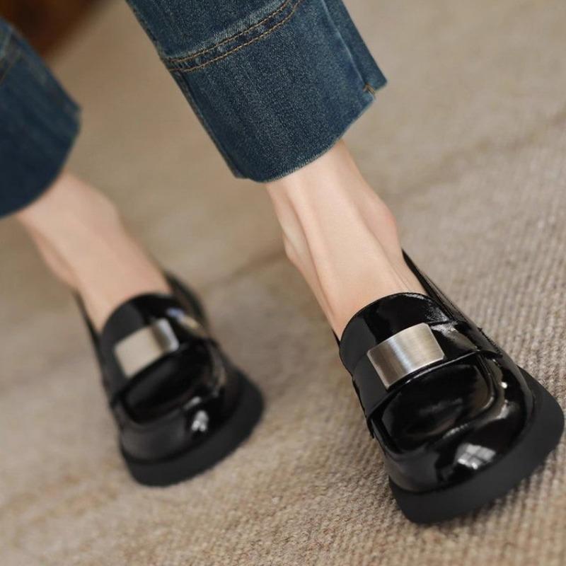 Fashion 2025 Women Thick High Heel Loafers Genuine Leather Round Toe Ladies Patent Leather Trend Casual Shoes