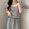 Striped Square Collar Knitted Short Sleeve T-shirt Women's Summer New Women's Card Waist Small Shirt U Collar Top