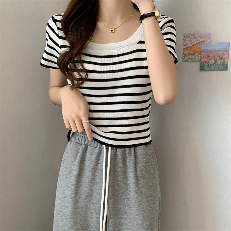 Striped Square Collar Knitted Short Sleeve T-shirt Women's Summer New Women's Card Waist Small Shirt U Collar Top