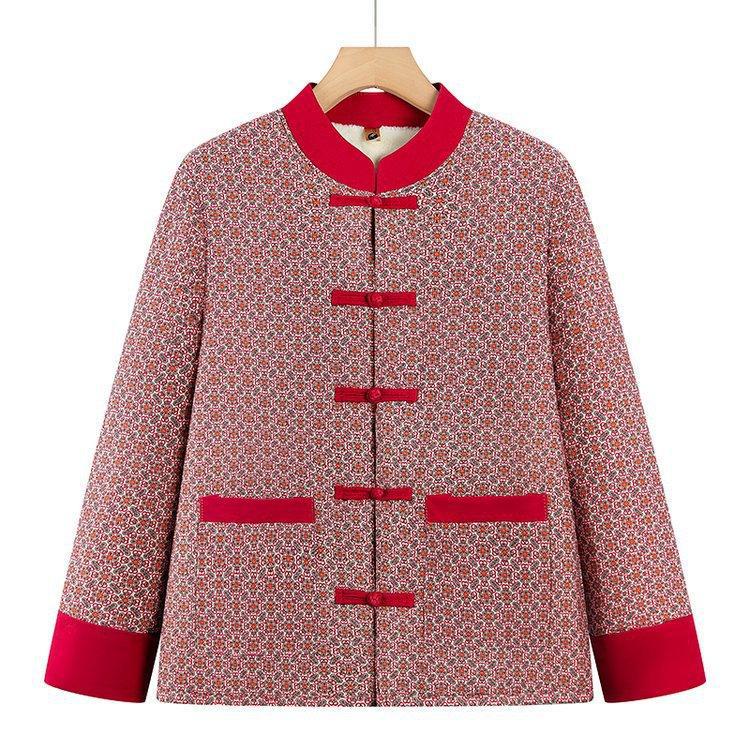 Chinese Style Velvet Cotton Jacket for Middle-Aged and Elderly Women - Retro Autumn/Winter Warm Outerwear