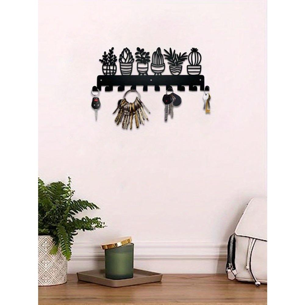 Modern Metal Keychain With 10 Hooks, Wall Mounted Keychain Organizer With Beautiful Plant Design, Easy To Install, Rust-Proof,