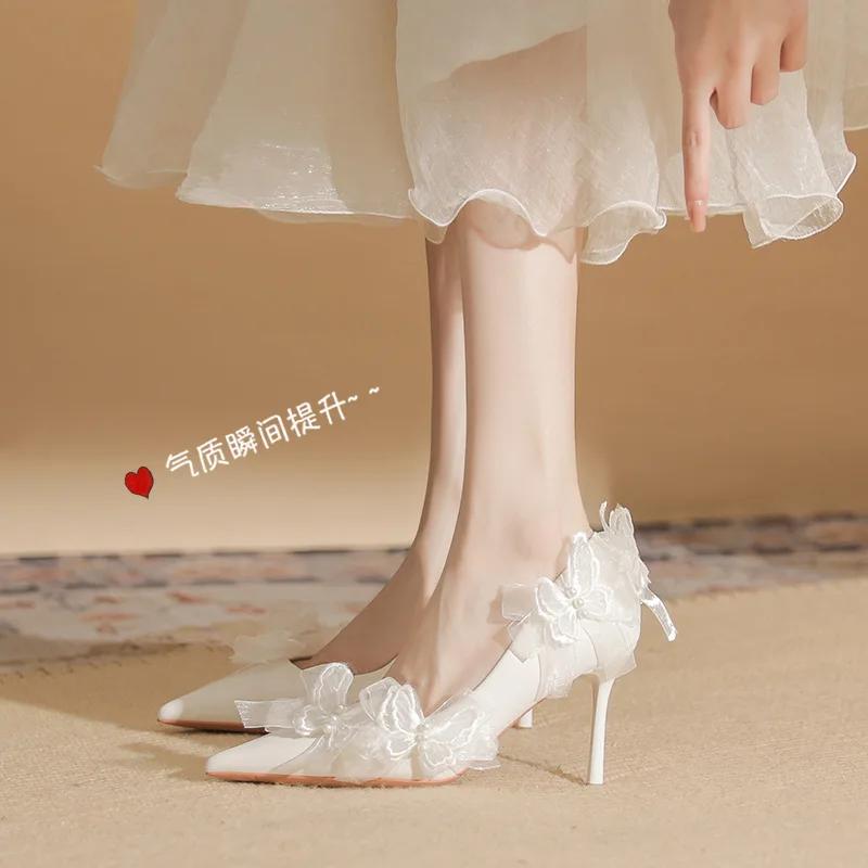 Mode Weiße High Heels Damenschuhe Schnürpumps Spitzpumps Flache Mündung Sexy Sandalen Slipper Sandalen Hochzeitsfeier Damenkleidschuhe