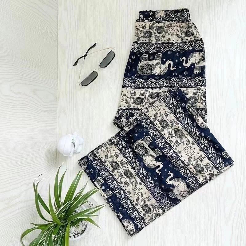Elefanten Hose Lang Weites Bein Verstellbarer Elastischer Bund Riemen Unisex Damen Herren Druck Thailand Lässig Streetwear Strand Boho Retro Vintage
