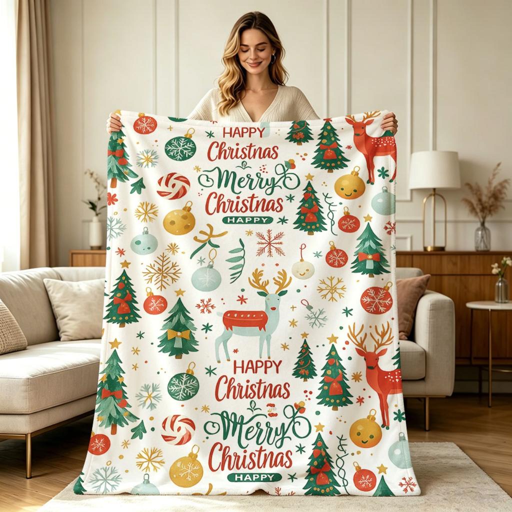 Soft Warm Flannel Christmas Pattern Blanket Suitable for Sofa Couch Bed Office All Season Holiday Decorative Throw Blanket