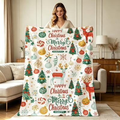 Soft Warm Flannel Christmas Pattern Blanket Suitable for Sofa Couch Bed Office All Season Holiday Decorative Throw Blanket
