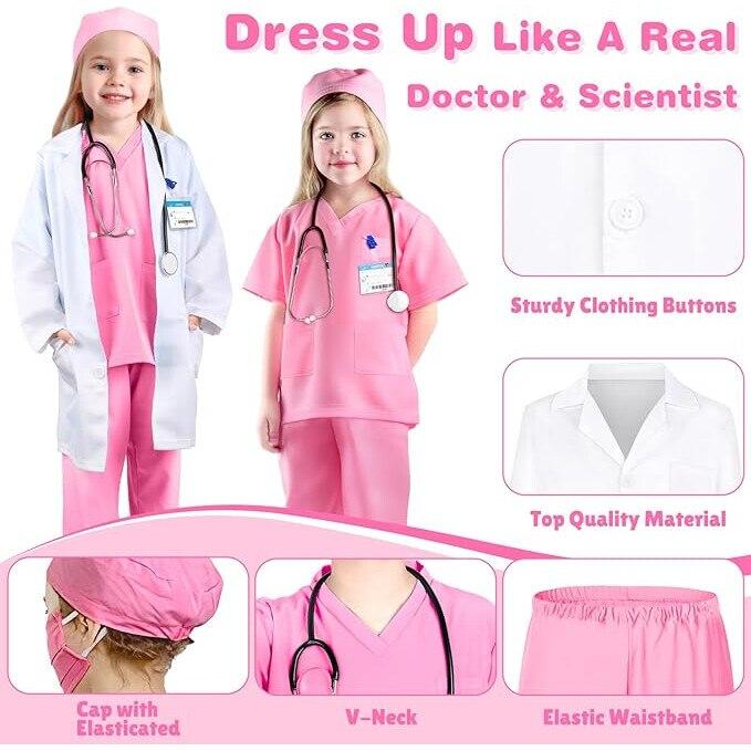 Set de Disfraz de Doctor para Niños con Estetoscopio de Juguete y Placa de Identificación, Tejido Fino, 120 cm, 4-5 Años, Blanco/Rosa