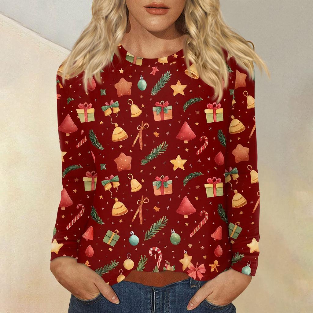 Mote for kvinner, avslappet juleprintet genser med rund hals og lange ermer