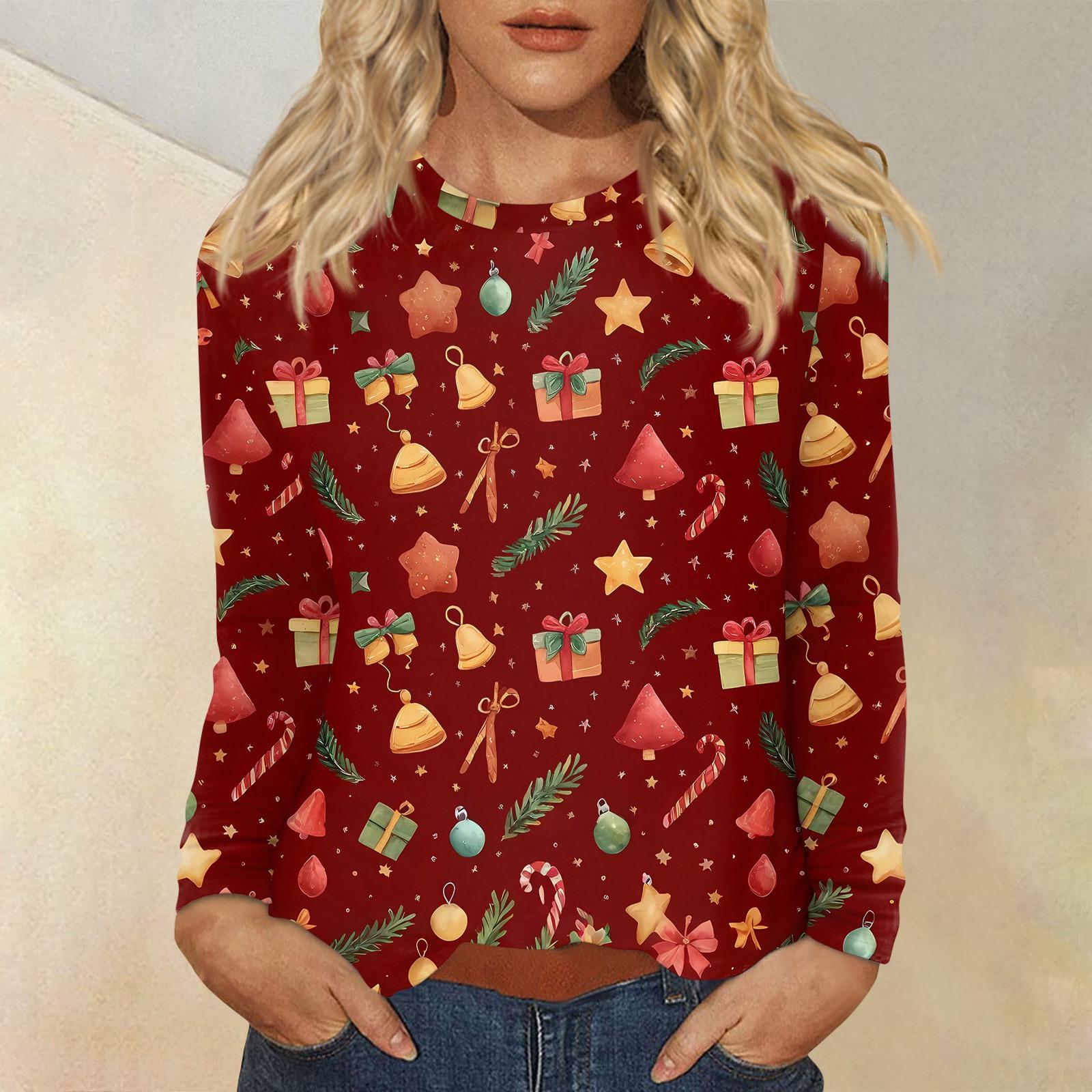 

Женская мода повседневный рождественский принт круглый вырез длинный рукав пуловер топ XL красный