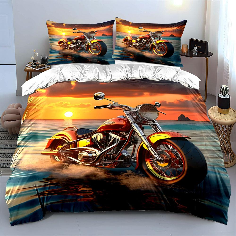 Sunset Beach Motorcycle Artwork Set Soft Comfortable Duvet Cover Bedding Set Included 1*Duvet Cover & 2*Pillowcases, Gift