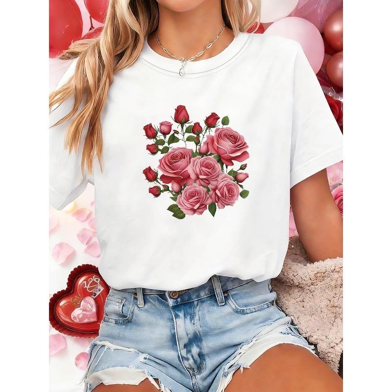 Plus Size - Plus Size - Romantic Sweet Style, Rose Heart Pattern Printed Plus-Size Women S Fashionable Casual Round-Neck T-Shirt for Spring And Summer S белый