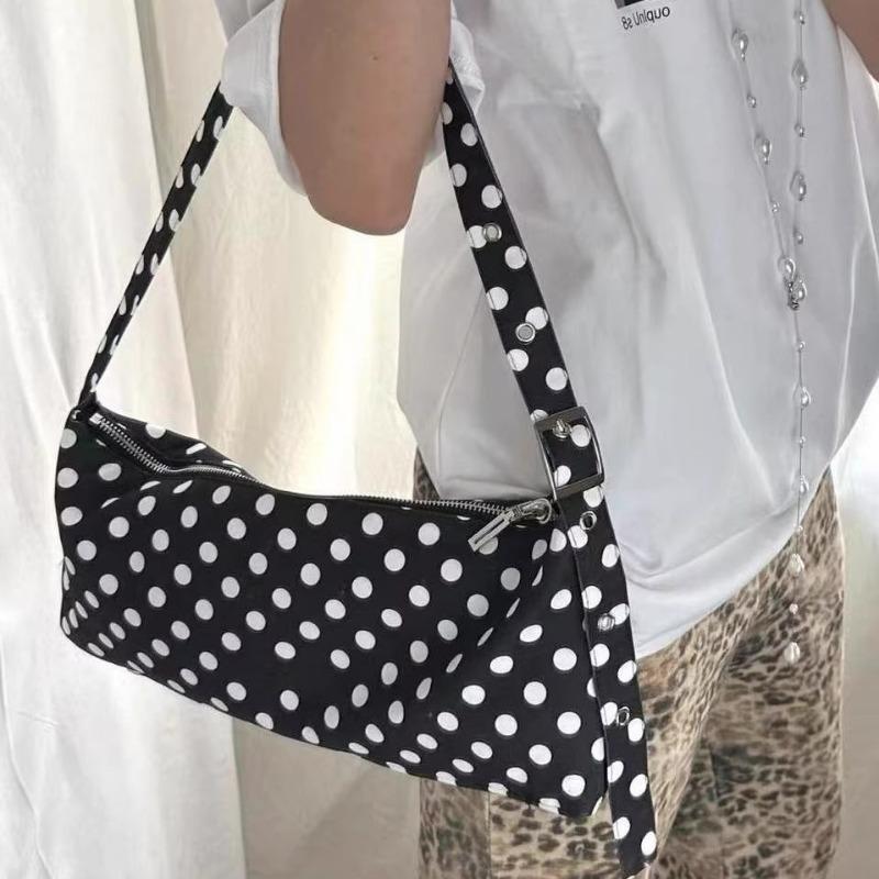 A Simple, Fully Printed Black and White Polka Dot Rectangular Adjustable Commuter Single-shoulder Bag with A Small Handbag