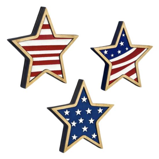 4th of July Rustic Star Wooden Sign, Vintage Star Shaped Block Sign, Patriotic Tiered Tray Centerpiece for Memorial Day, Independence Day Home Table