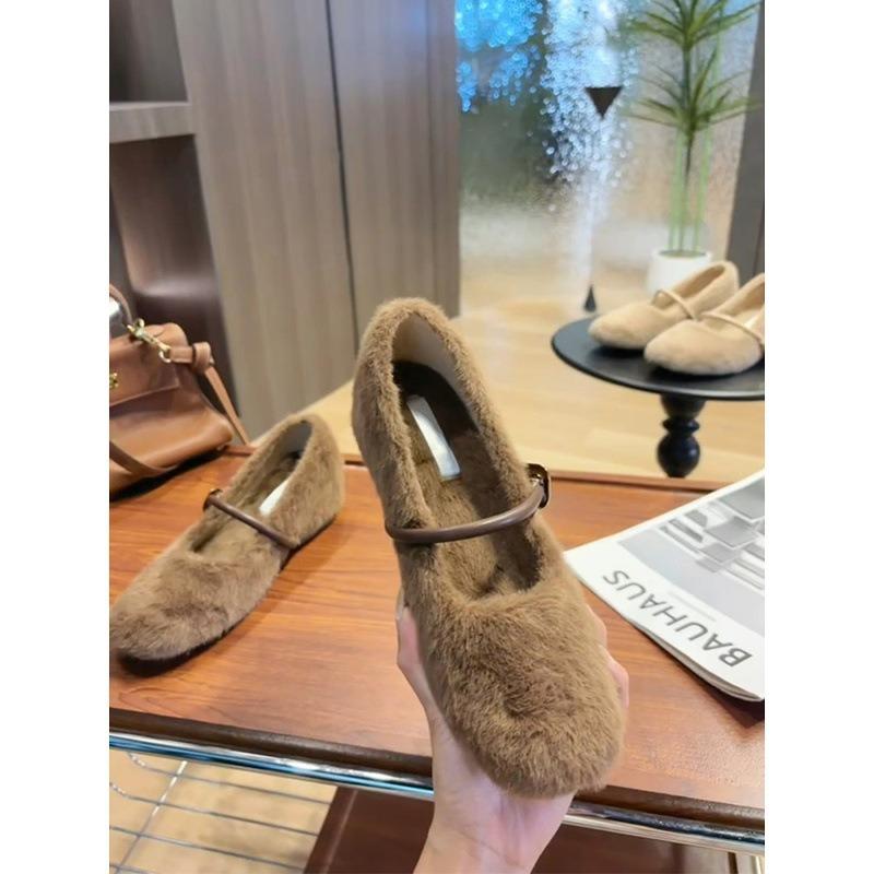 Wool version inner height increase outer wear velvet warm shallow mouth single shoes women's one-word buckle versatile gentle fluffy shoes
