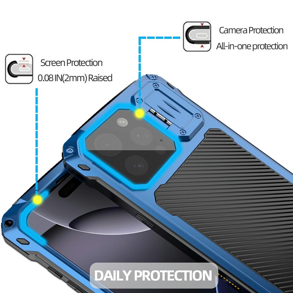 For iPhone 16 Pro Max Case Aluminum Alloy+Silicone Lens Kickstand Phone Cover with Tempered Glass Film