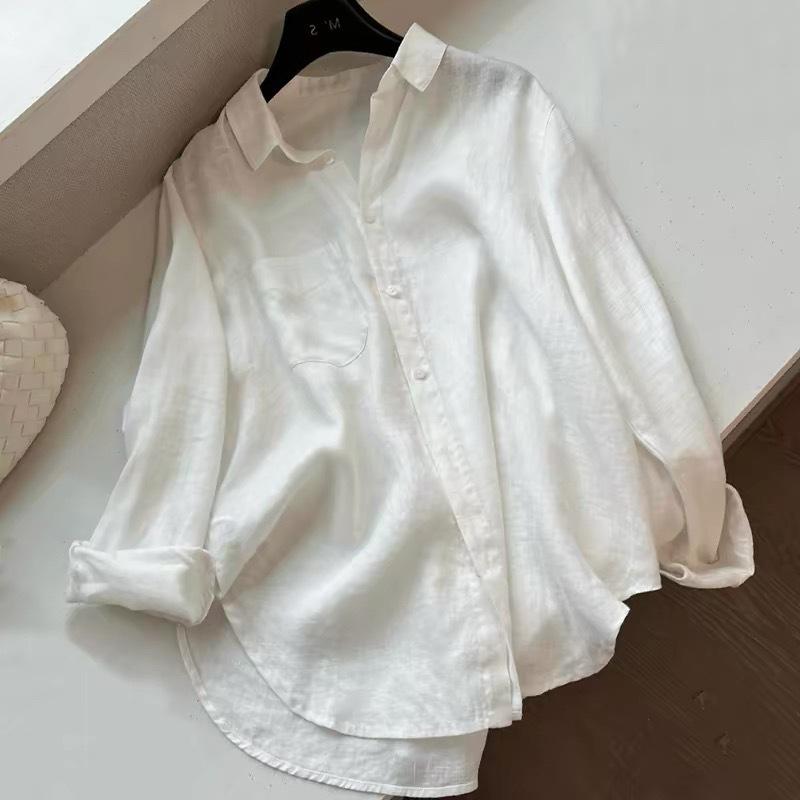 Old Money Wind White Linen Cotton and Linen Shirt Women's Summer Casual Versatile Loose Long-sleeved Cardigan Thin Sunscreen Shirt