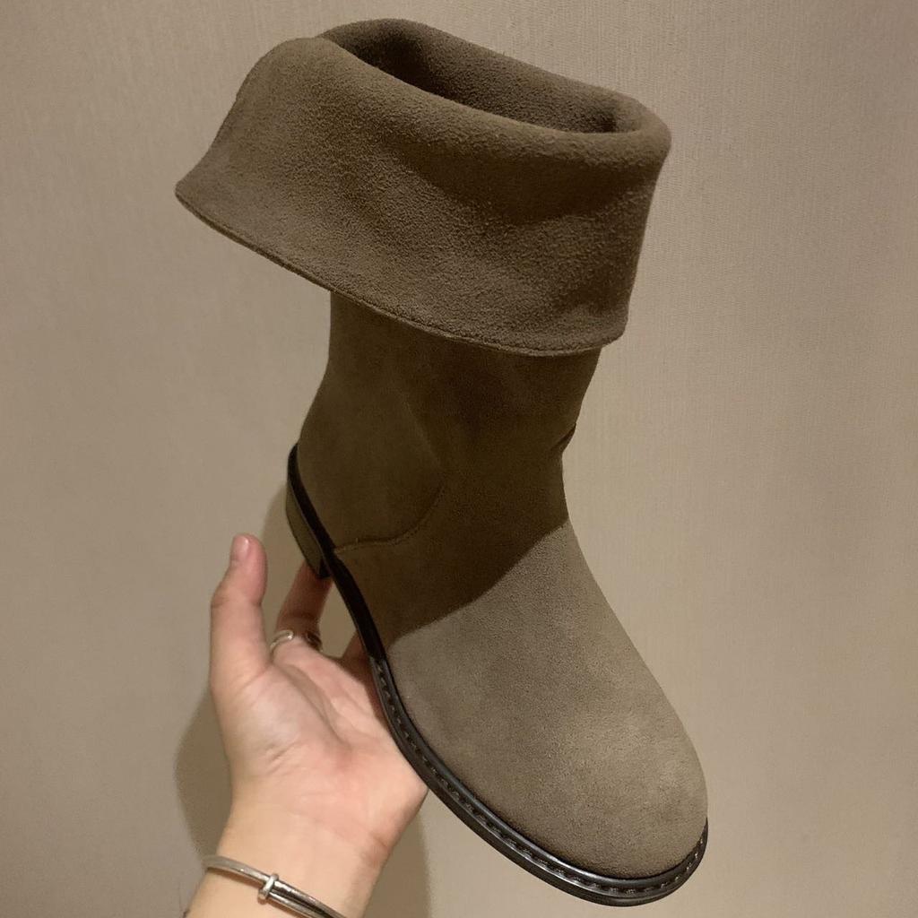 Cowhide version~ genuine leather Korean version niche design sense flat bottom versatile comfortable medium tube boots stacking boots western