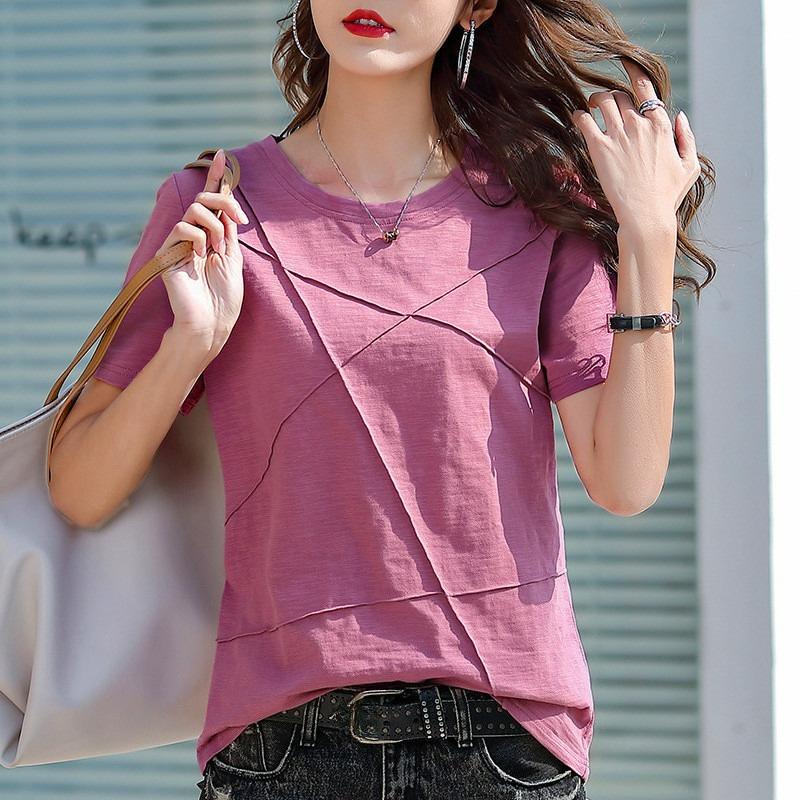 T-shirt da donna a maniche corte in cotone slub, taglia grande, vestibilità larga, estiva, casual, da indossare sotto
