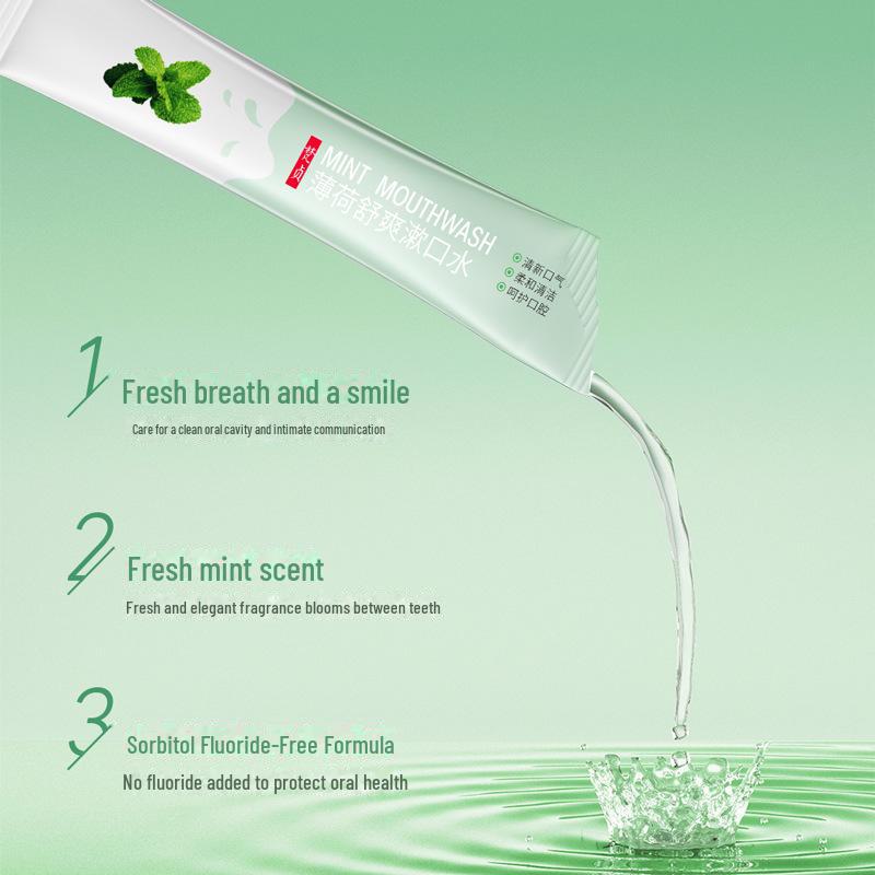 Mint Refreshing Mouthwash: Freshens Breath, Cleans Mouth, Protects Teeth, Light and Portable.