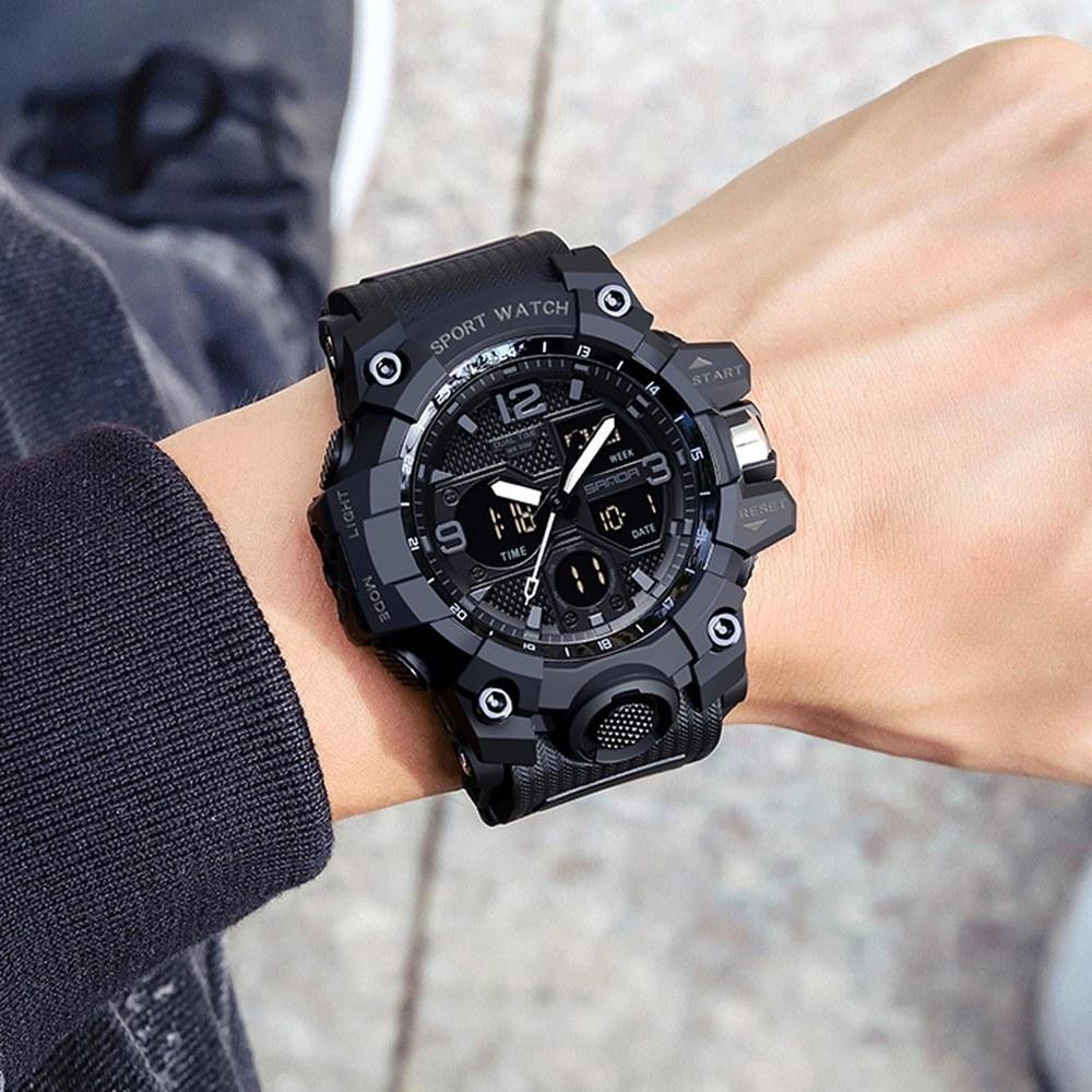 findtime Men's 56mm Analog Digital Military Sports Watch 50M Waterproof LED Backlight Dual Time Stopwatch Alarm Calendar Black White