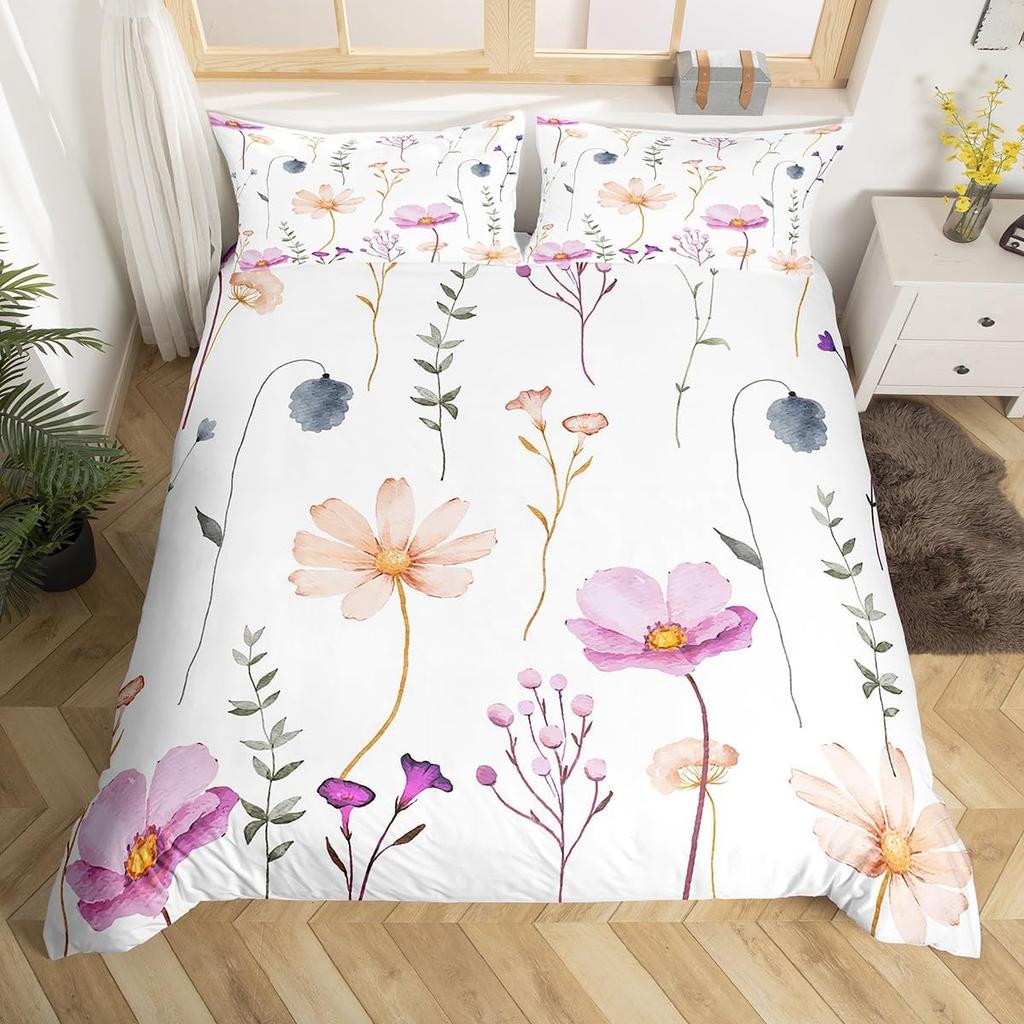 Watercolor Floral Down Duvet Cover Set Queen King Size Simple Pastoral Style Bedding Suitable for Kids Teens Adult Women 3 PCS