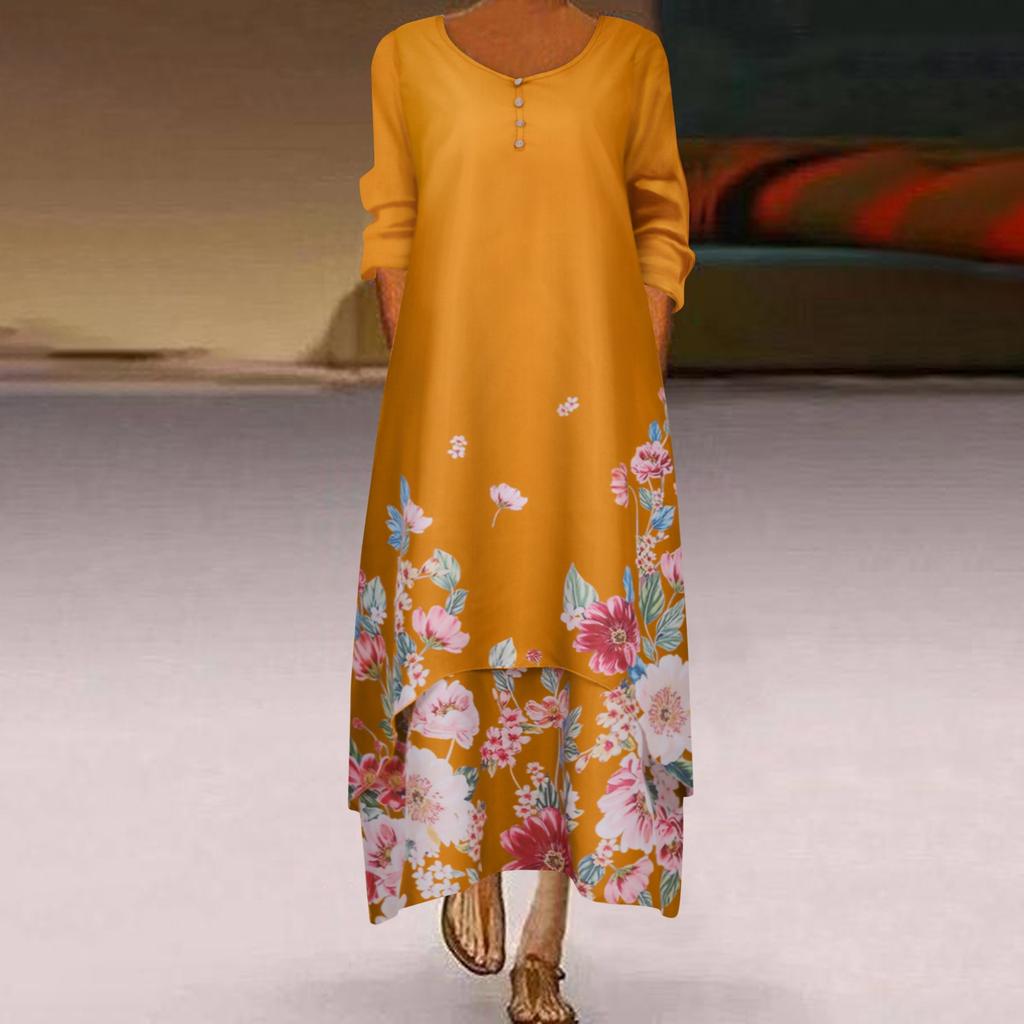 Womens Long Sleeve Floral Print O Neck Long Sleeve Irregular Loose Splice Maxi Dresses