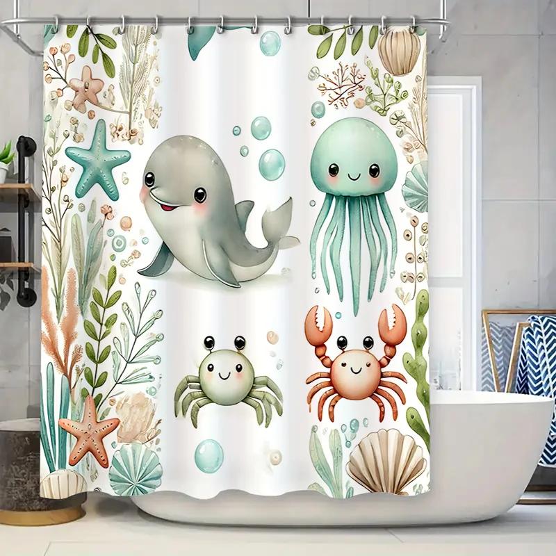 

Cute Whale And Crab Shower Curtain For Kids - Soft Fabric With Vibrant Marine Life Design Waterproof W60H190(CM)-1 Pcs