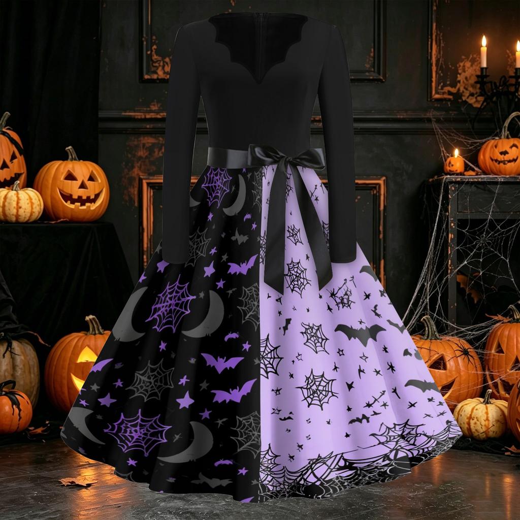 Women's Casual Long Sleeve V Neck Vintage Dress Halloween Print A Line Midi Dress with Waist Tie Belt for Everyday Wear
