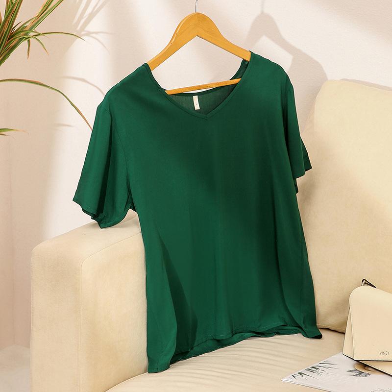 Sommer Damen Baumwolle und Seide Kurzarm T-Shirt Einfarbig V-Ausschnitt Locker und Bequem Lässige Baumwolle Kühle Loungewear Pyjama