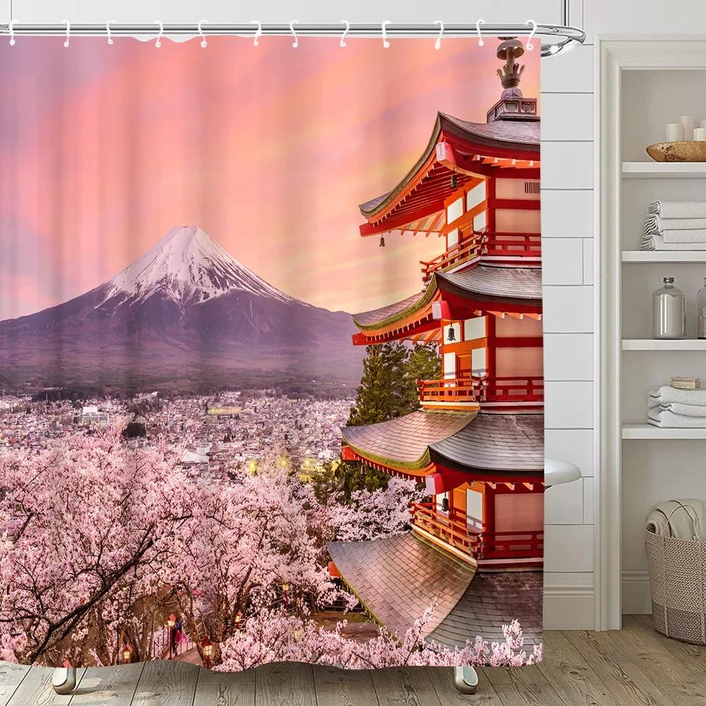 Pink Sakura Flowers Shower Curtains Japanese Cherry Blossoms Trees Floral Rustic Garden Landscape Fabric Print Bathroom Decor