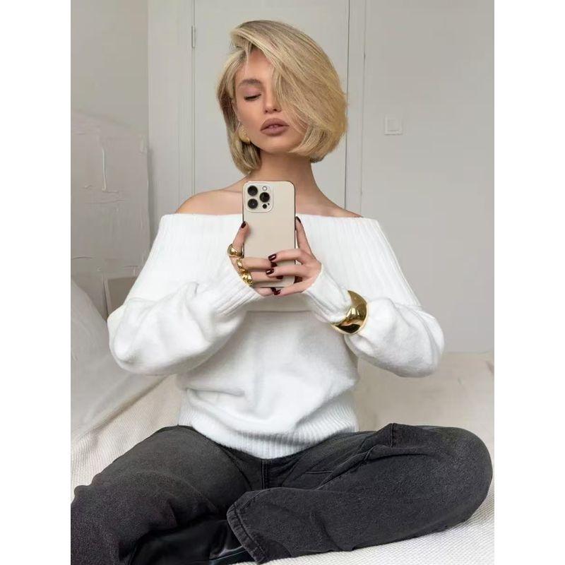 European and American Autumn and Winter New Sexy off-Shoulder Shoulder-Baring Knitting Sweater Sexy off Shoulder Sweater